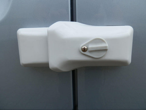 Milenco high-security white van door lock fitted close-up to a van door