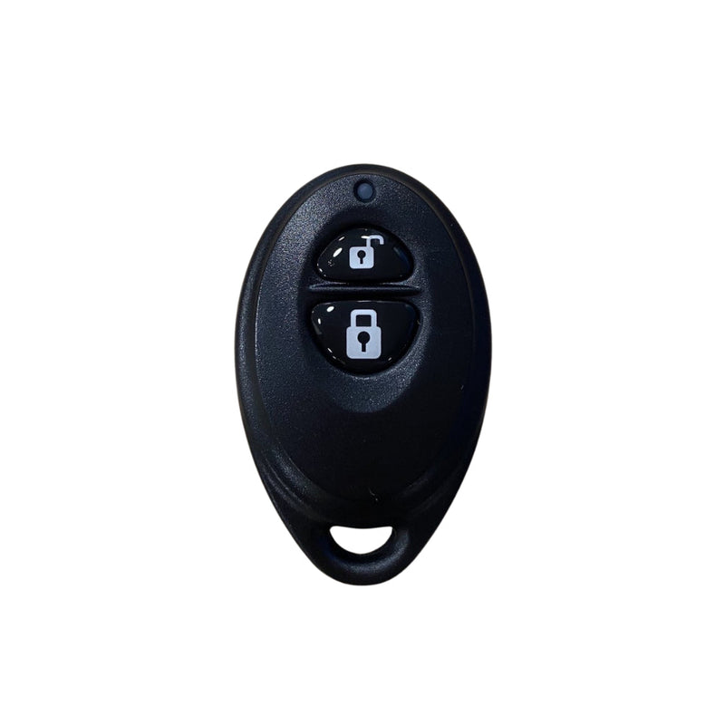 Milenco replacement remote alarm key fob, front view showing lock and unlock buttons