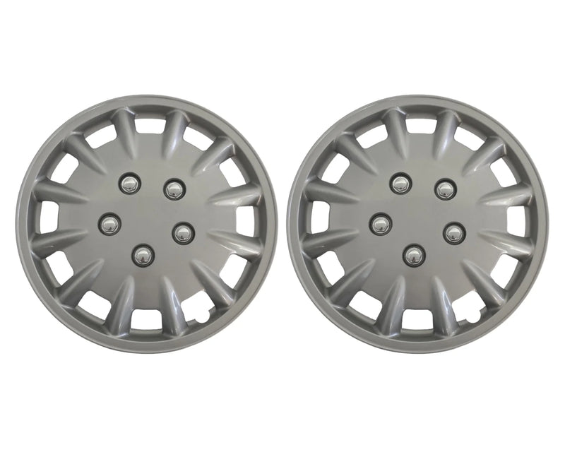 Pair of Milenco silver 14 inch wheel trims, front view