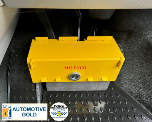 Two Milenco door lock units, white plastic housing, product shot