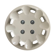 Pair of Milenco 333M magnolia wheel trims shown face-on with steel fixing points
