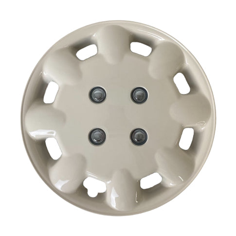 Pair of Milenco 333M magnolia wheel trims shown face-on with steel fixing points