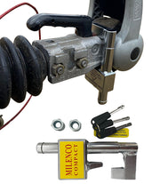 Milenco Compact AKS 3004 hitchlock fitted to an AL-KO hitch, shown alongside the lock, nuts and keys